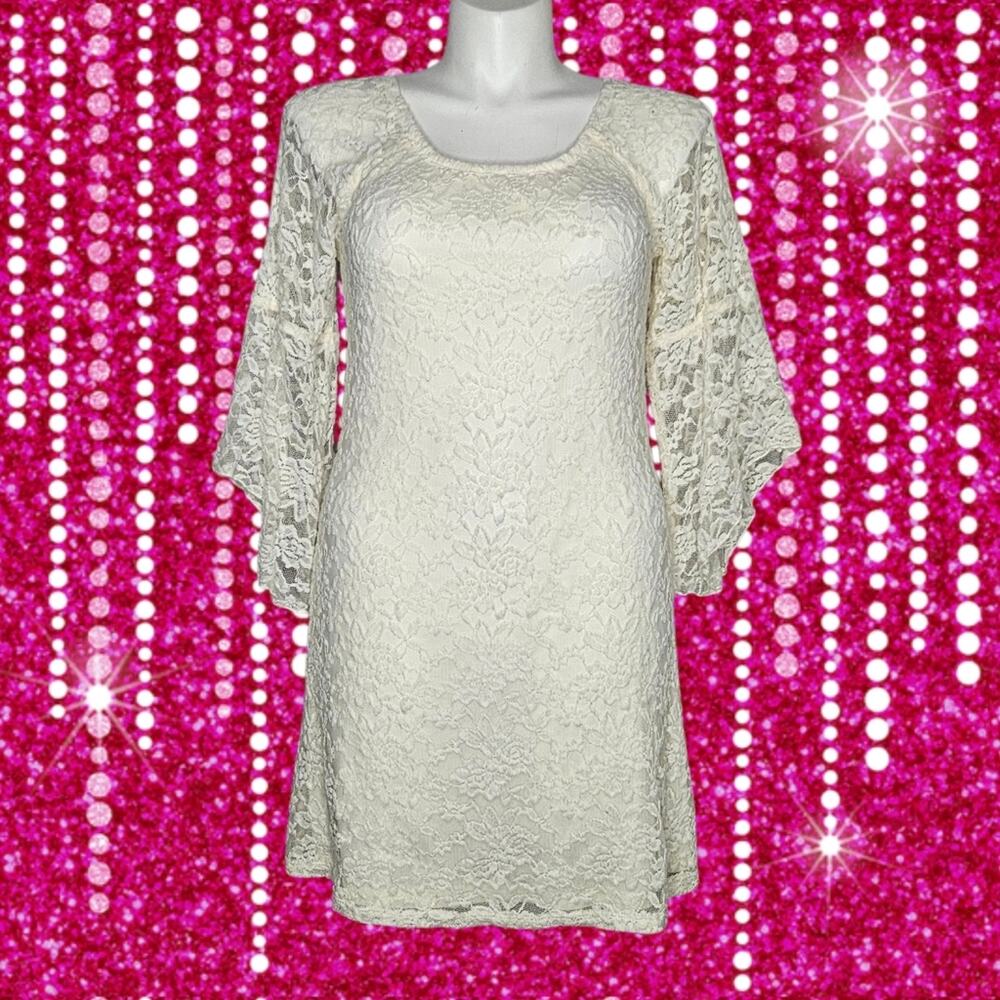 VTG 90s Jody California Cream Lace Bell Sleeve Boho Hippie Midi Dress, sz XL